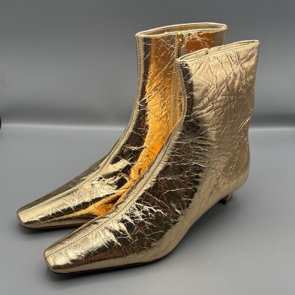 Michael Kors Cosmo Crinkle Metallic Leather Kitten Heel Booties in Gold.